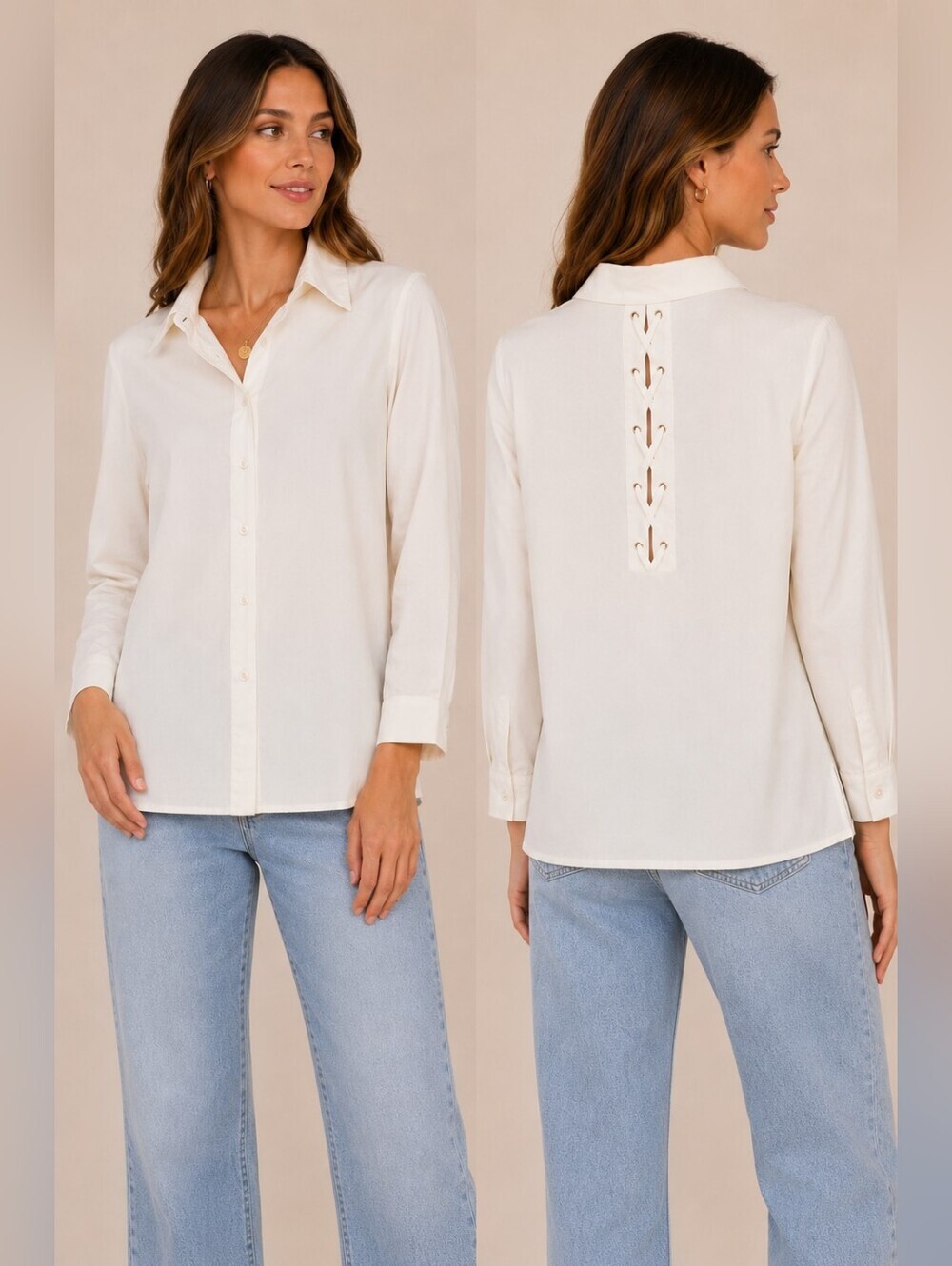 Jones New York Signature White Lace-Up Blouse XL Button Front Top